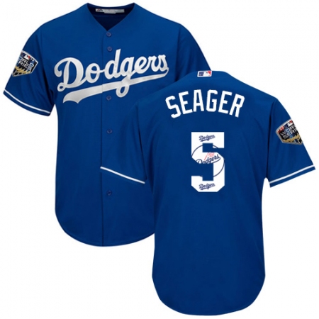 Men's Majestic Los Angeles Dodgers #5 Corey Seager Authentic Royal Blue Team Logo Fashion Cool Base 2018 World Series MLB Jersey