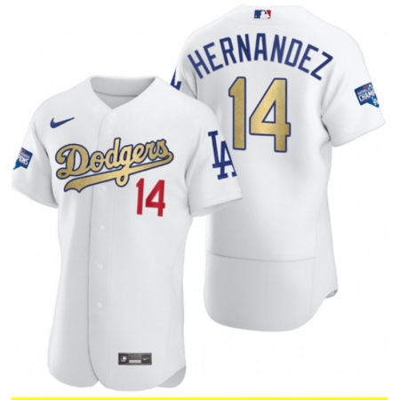 Men's Los Angeles Dodgers #14 Enrique Hernandez Olive Gold 2020 World Series Champions Authentic Jersey