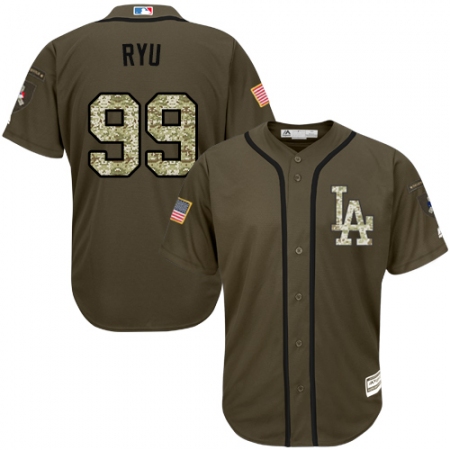 Men's Majestic Los Angeles Dodgers #99 Hyun-Jin Ryu Authentic Green Salute to Service MLB Jersey