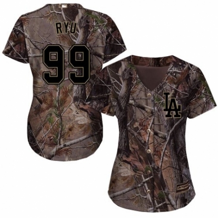 Women's Majestic Los Angeles Dodgers #99 Hyun-Jin Ryu Authentic Camo Realtree Collection Flex Base MLB Jersey
