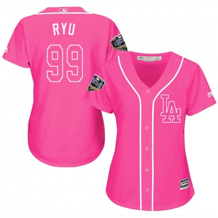 Women's Majestic Los Angeles Dodgers #99 Hyun-Jin Ryu Authentic Pink Fashion Cool Base 2018 World Series MLB Jersey
