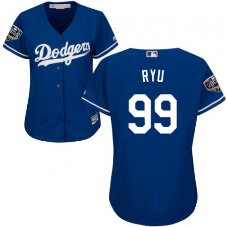 Women's Majestic Los Angeles Dodgers #99 Hyun-Jin Ryu Authentic Royal Blue Alternate Cool Base 2018 World Series MLB Jersey