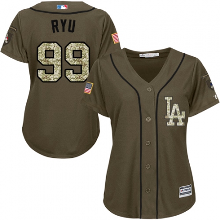 Women's Majestic Los Angeles Dodgers #99 Hyun-Jin Ryu Replica Green Salute to Service MLB Jersey