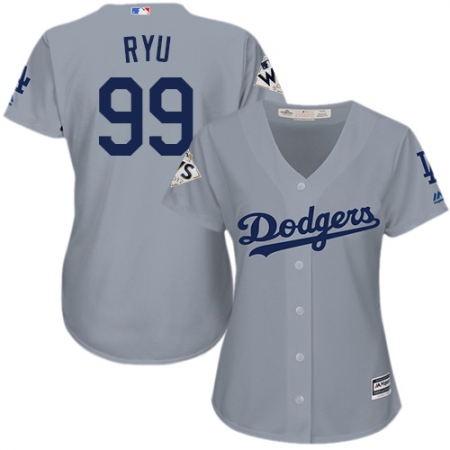 Women's Majestic Los Angeles Dodgers #99 Hyun-Jin Ryu Replica Grey Road 2017 World Series Bound Cool Base MLB Jersey