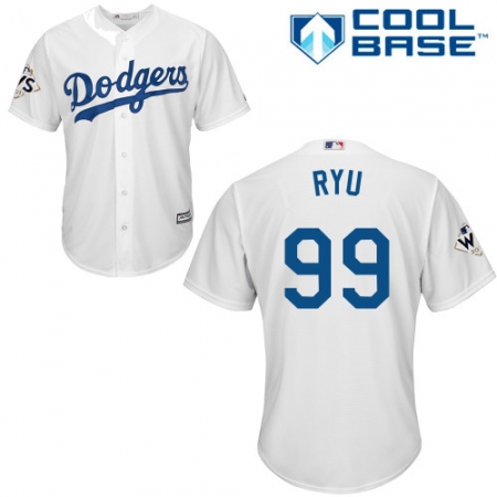 Youth Majestic Los Angeles Dodgers #99 Hyun-Jin Ryu Authentic White Home 2017 World Series Bound Cool Base MLB Jersey