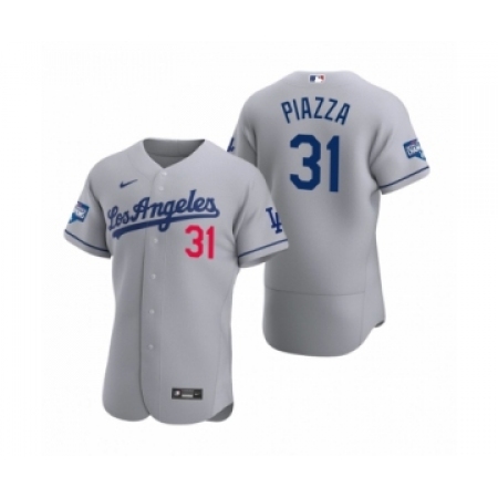 Men's Los Angeles Dodgers #31 Mike Piazza Gray 2020 World Series Champions Road Authentic Jersey