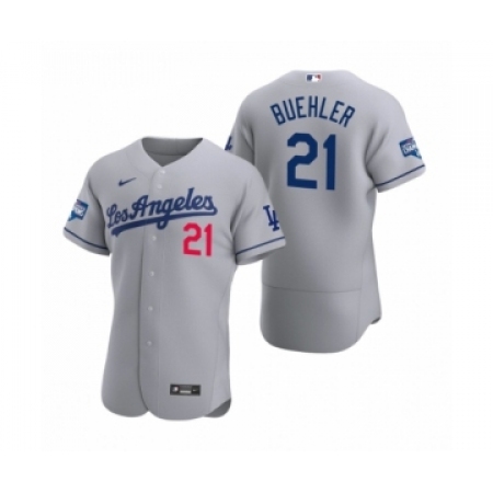 Men's Los Angeles Dodgers #21 Walker Buehler Gray 2020 World Series Champions Road Authentic Jersey