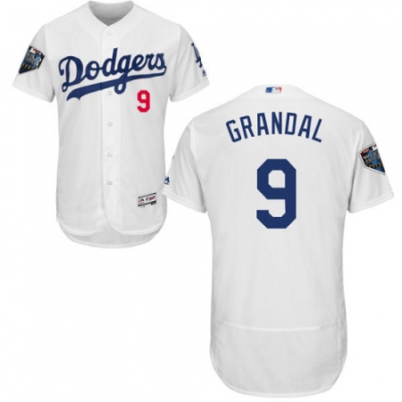 Men's Majestic Los Angeles Dodgers #9 Yasmani Grandal White Home Flex Base Authentic Collection 2018 World Series MLB Jersey