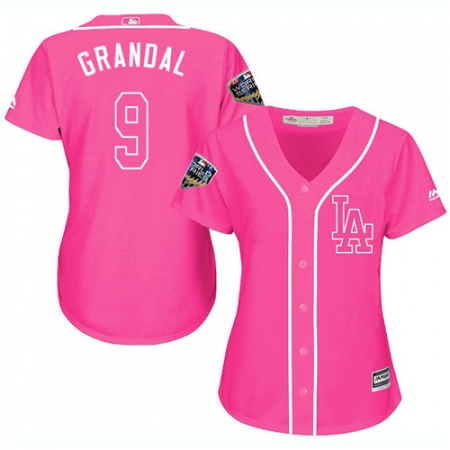 Women's Majestic Los Angeles Dodgers #9 Yasmani Grandal Authentic Pink Fashion Cool Base 2018 World Series MLB Jersey